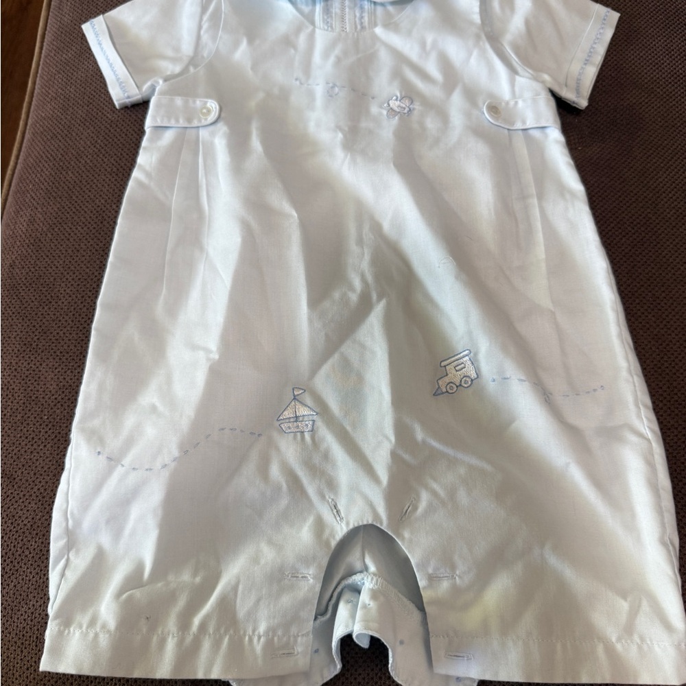 Sarah Louise Light Blue Baby Romper 6M